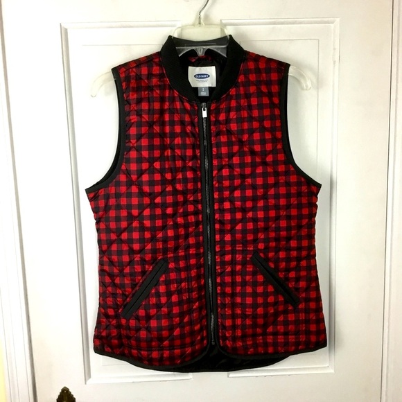 Old Navy Buffalo Check Quilted Puffer Vest Jacket Size S Black Red Checkered EUC - Picture 1 of 5